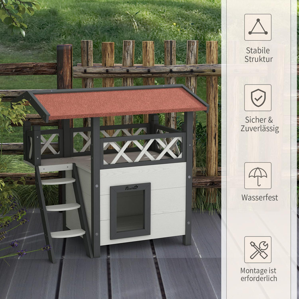 Cat House With Asphalt Roof, 2-Tier Cat House With Balcony, Cat Villa With Stairs, Solid Wood, White, 77 X 50 X 73 Cm