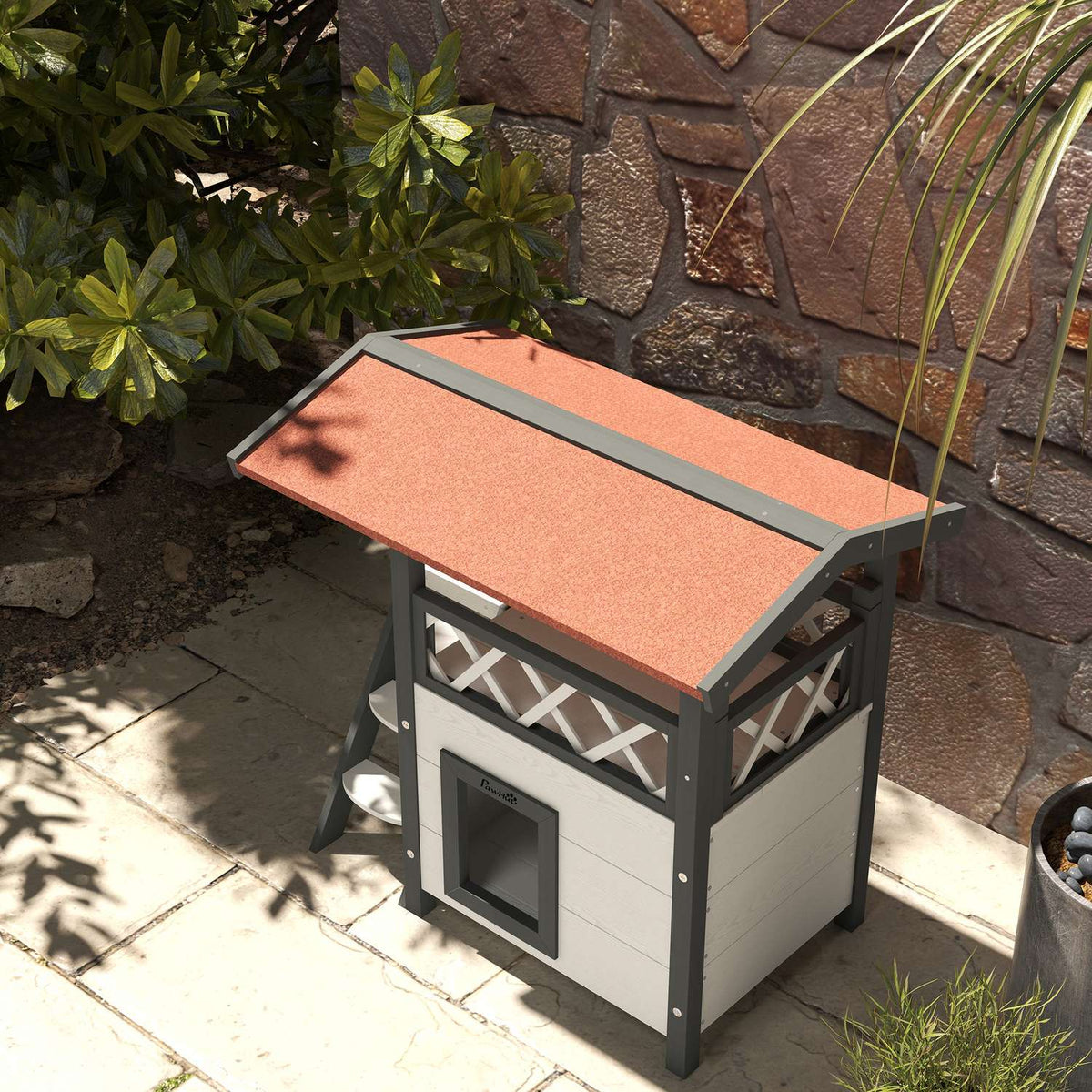 Cat House With Asphalt Roof, 2-Tier Cat House With Balcony, Cat Villa With Stairs, Solid Wood, White, 77 X 50 X 73 Cm