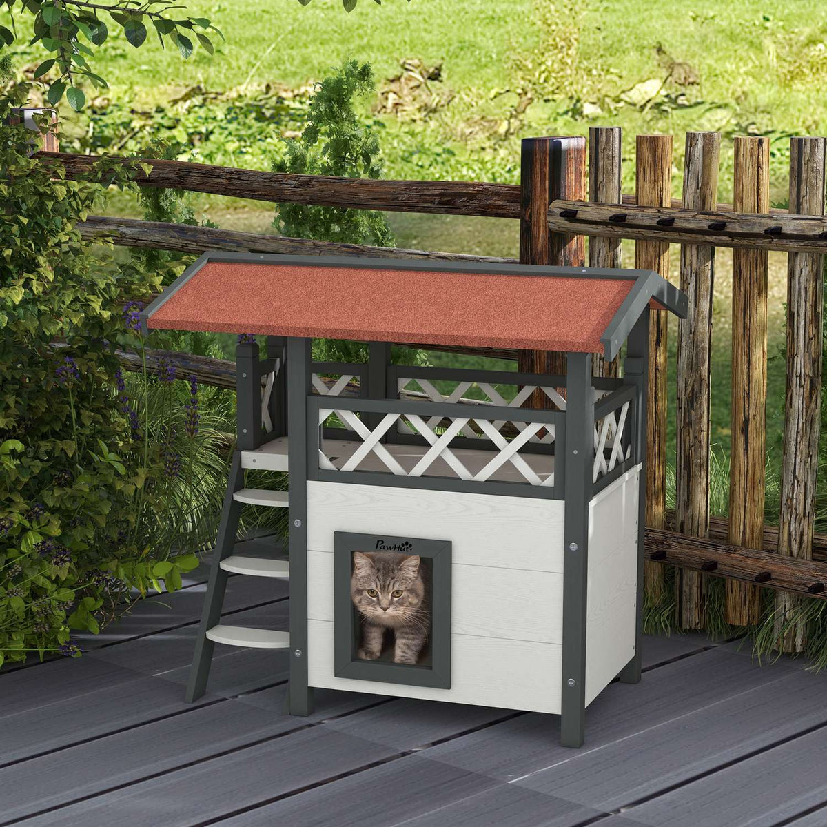 Cat House With Asphalt Roof, 2-Tier Cat House With Balcony, Cat Villa With Stairs, Solid Wood, White, 77 X 50 X 73 Cm