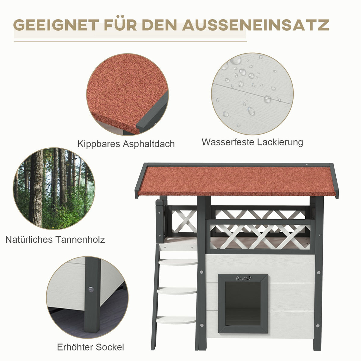 Cat House With Asphalt Roof, 2-Tier Cat House With Balcony, Cat Villa With Stairs, Solid Wood, White, 77 X 50 X 73 Cm