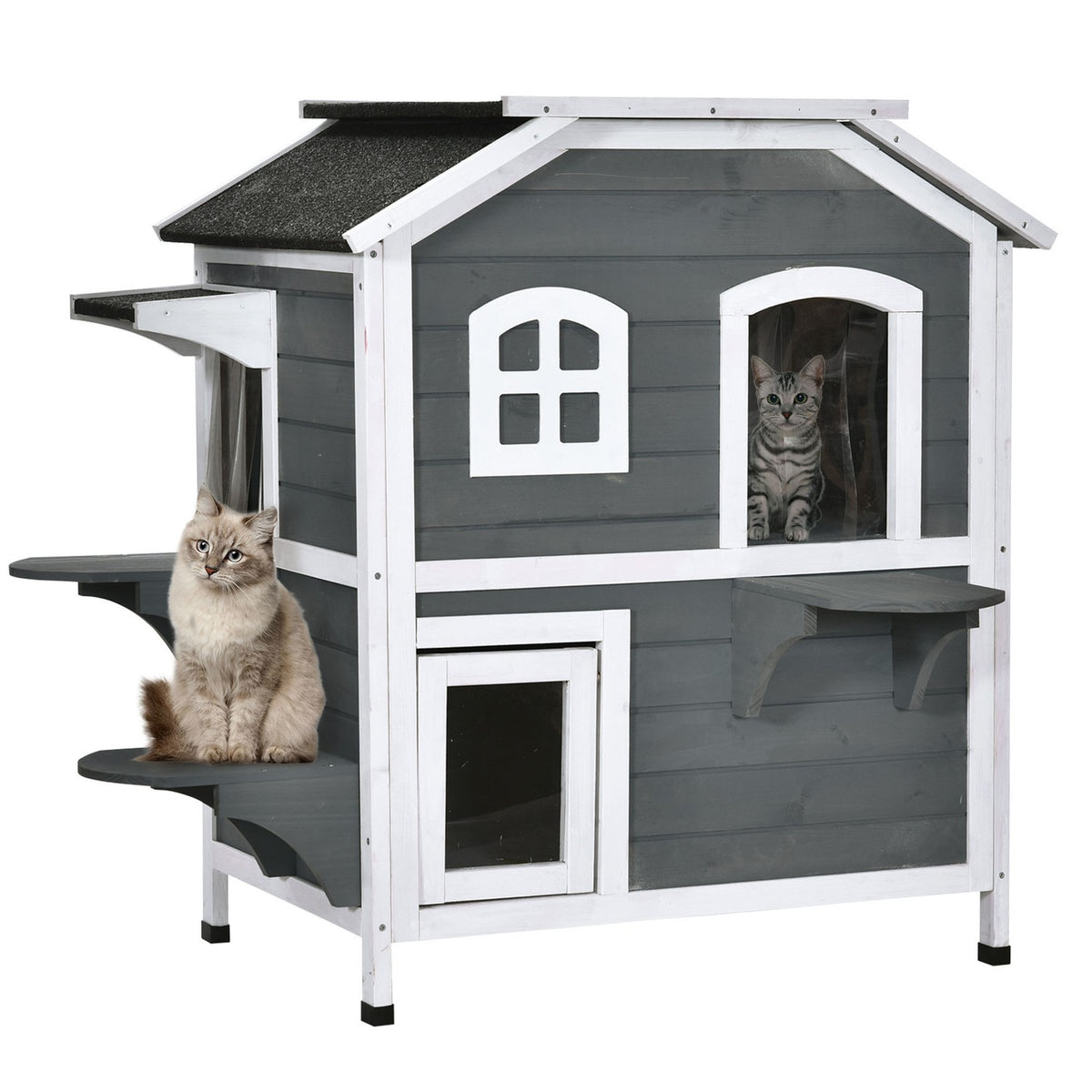 Cat House With Asphalt Roof Weatherproof Outdoor Cat House With Stairs, 2 Levels, Fir Wood, Gray, 78X55.5X91Cm