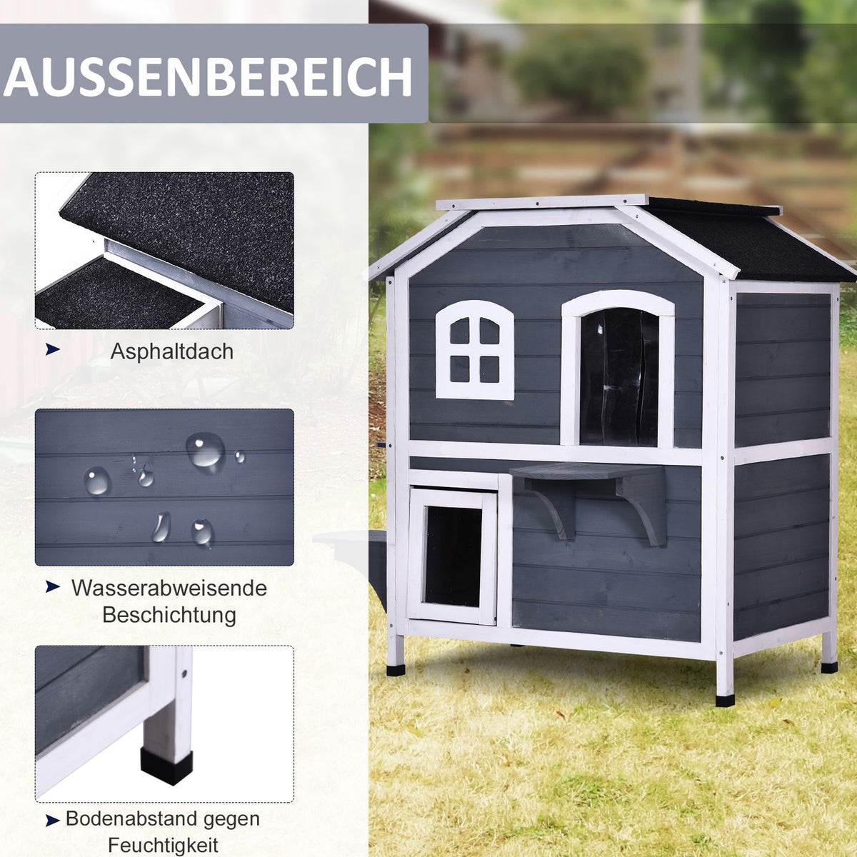 Cat House With Asphalt Roof Weatherproof Outdoor Cat House With Stairs, 2 Levels, Fir Wood, Gray, 78X55.5X91Cm