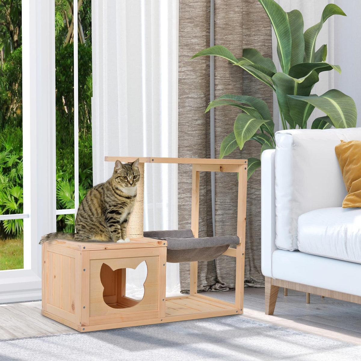 Cat House With Hammock Cat Box With Sisal Trunk, Fir Wood, Natural, 70X35X60Cm