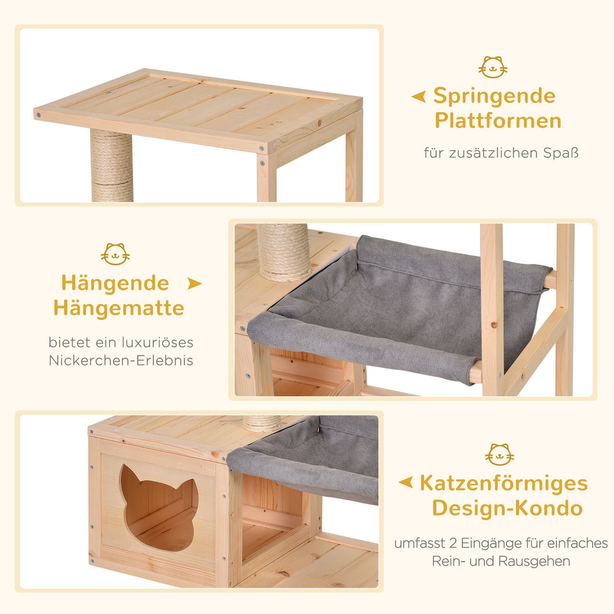 Cat House With Hammock Cat Box With Sisal Trunk, Fir Wood, Natural, 70X35X60Cm