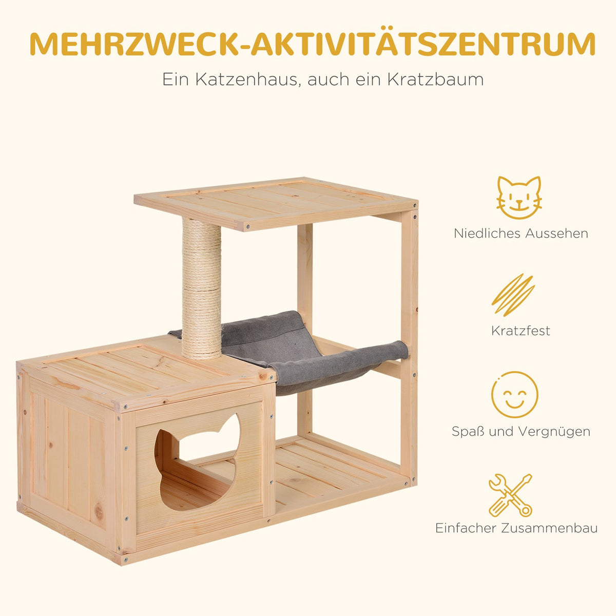 Cat House With Hammock Cat Box With Sisal Trunk, Fir Wood, Natural, 70X35X60Cm