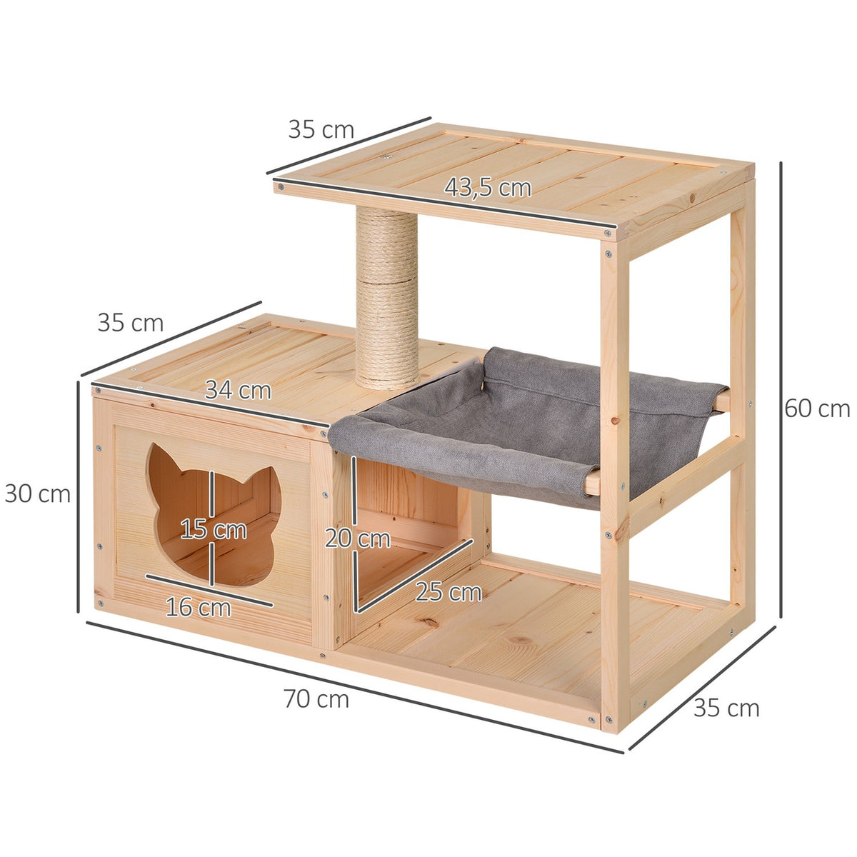 Cat House With Hammock Cat Box With Sisal Trunk, Fir Wood, Natural, 70X35X60Cm