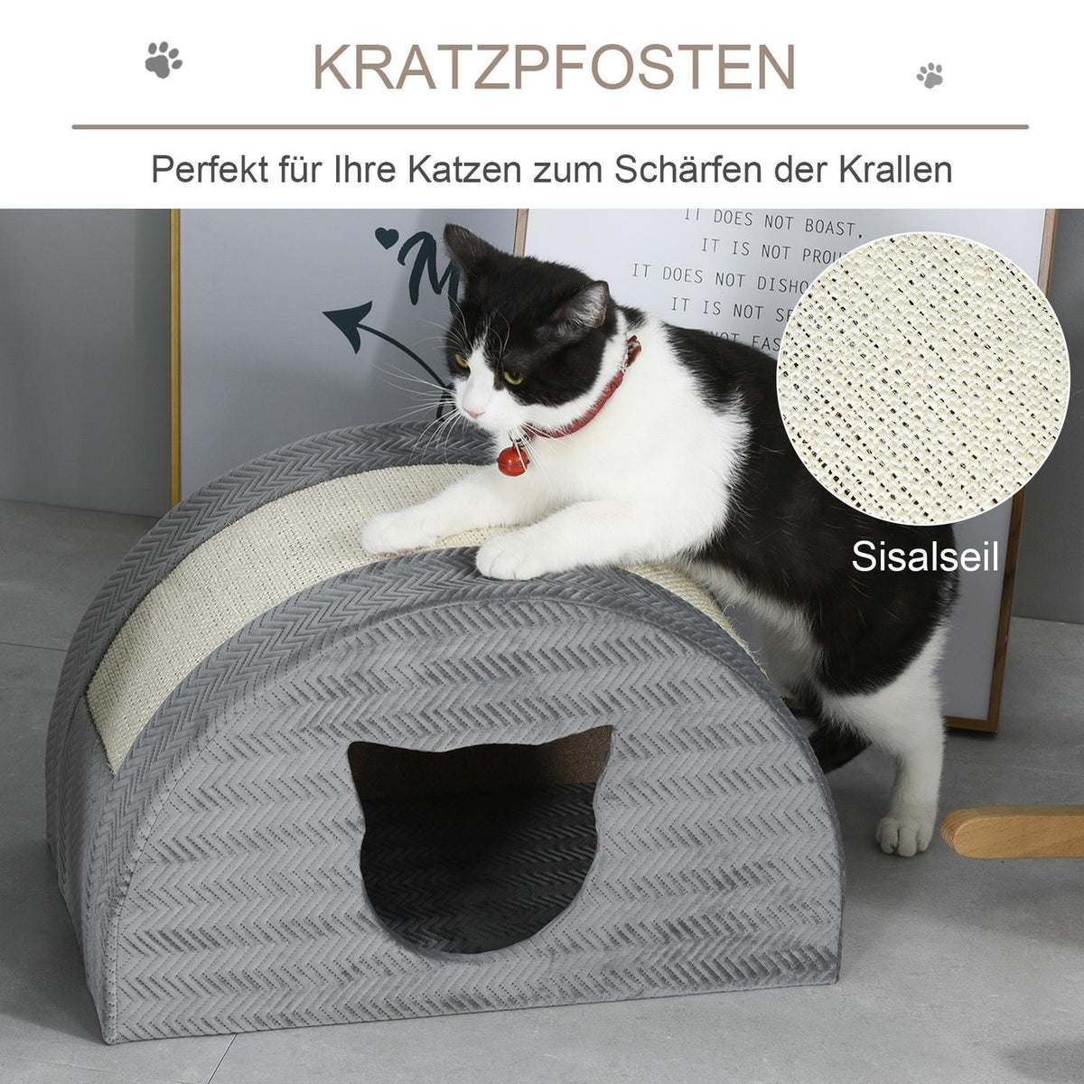 Cat House With Scratching Board, Sisal Gray, Cat Cave, 48.5X30X30Cm
