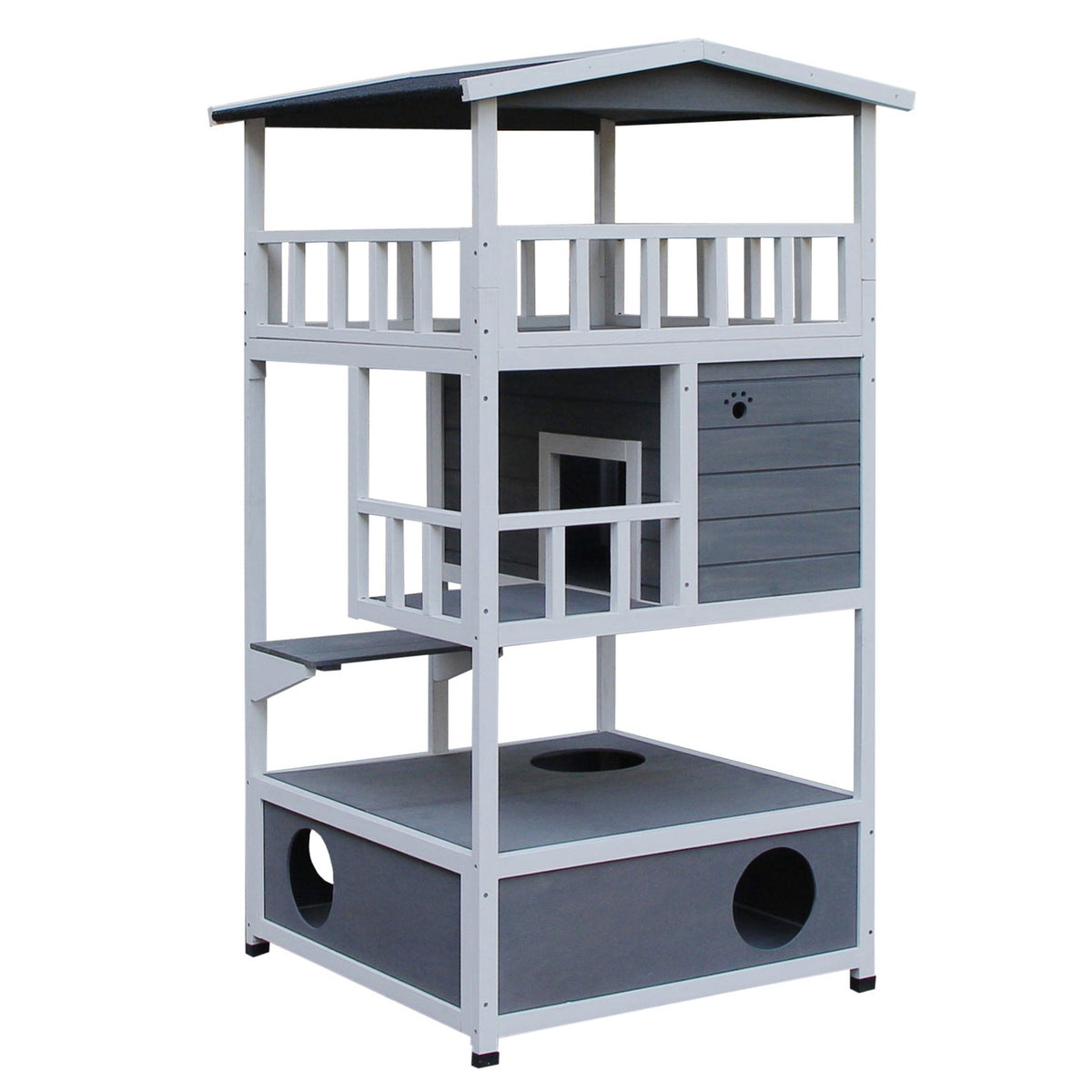 Cat House With Toilet, 4 Tier Cat House With Balcony, Cat Villa With Stairs, Asphalt Roof, Solid Wood, Gray, 78 X 76 X 140 Cm
