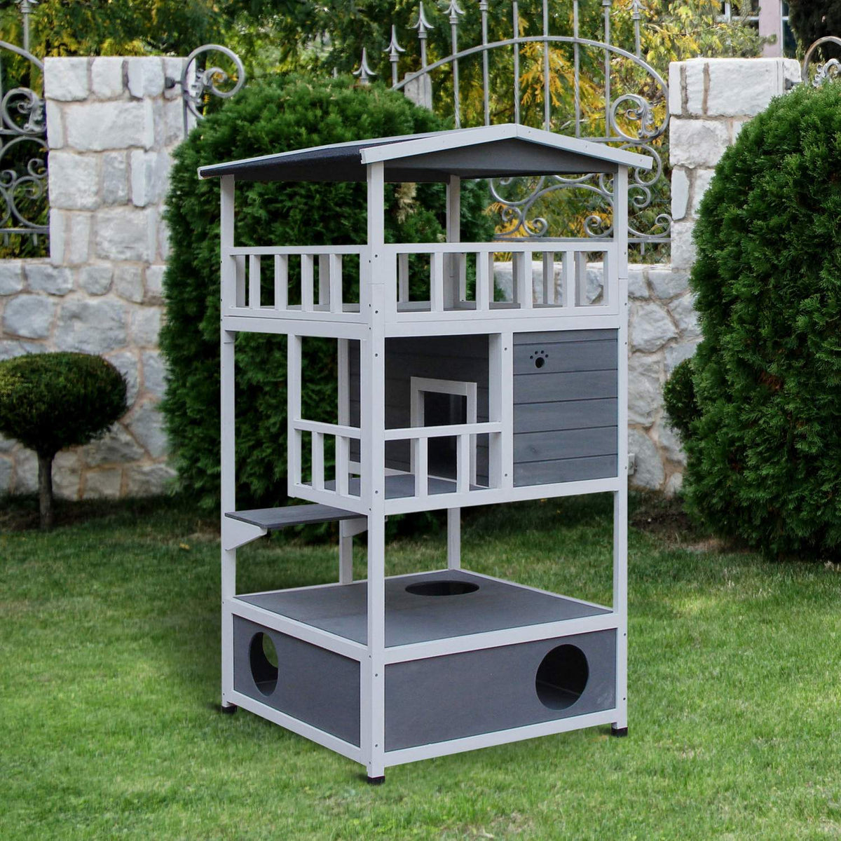 Cat House With Toilet, 4 Tier Cat House With Balcony, Cat Villa With Stairs, Asphalt Roof, Solid Wood, Gray, 78 X 76 X 140 Cm