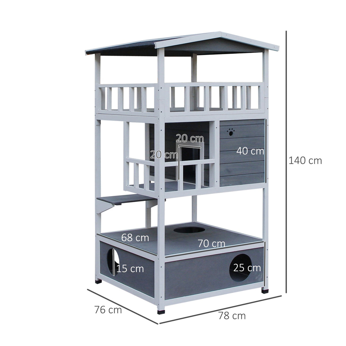 Cat House With Toilet, 4 Tier Cat House With Balcony, Cat Villa With Stairs, Asphalt Roof, Solid Wood, Gray, 78 X 76 X 140 Cm
