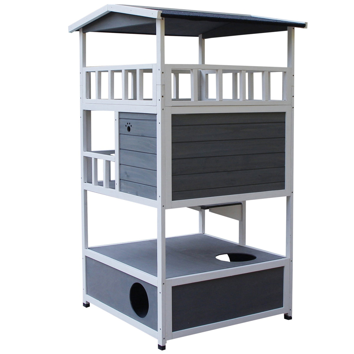 Cat House With Toilet, 4 Tier Cat House With Balcony, Cat Villa With Stairs, Asphalt Roof, Solid Wood, Gray, 78 X 76 X 140 Cm