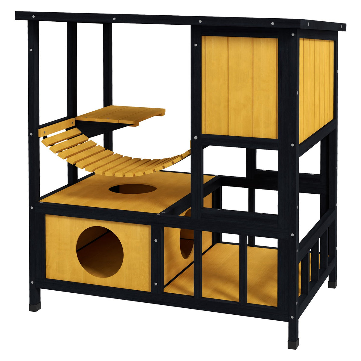 Cat House Wooden Cat Cave Cat Villa Outdoor Hanging Bridge Balcony Platform Waterproof For 1-2 Cats Up To 5Kg Yellow