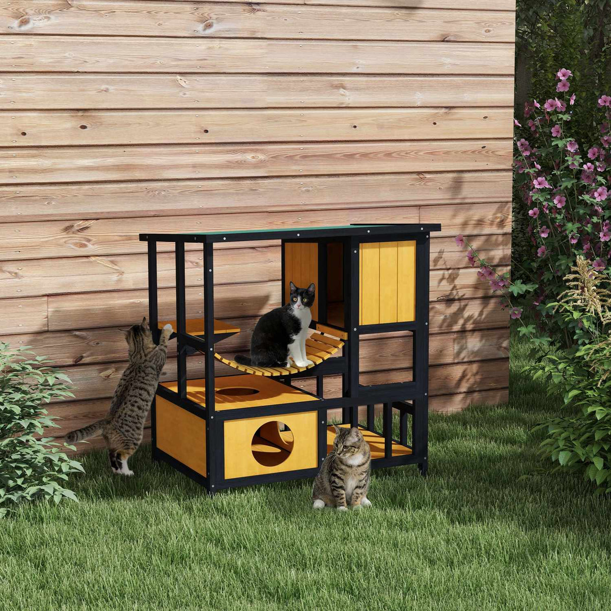 Cat House Wooden Cat Cave Cat Villa Outdoor Hanging Bridge Balcony Platform Waterproof For 1-2 Cats Up To 5Kg Yellow