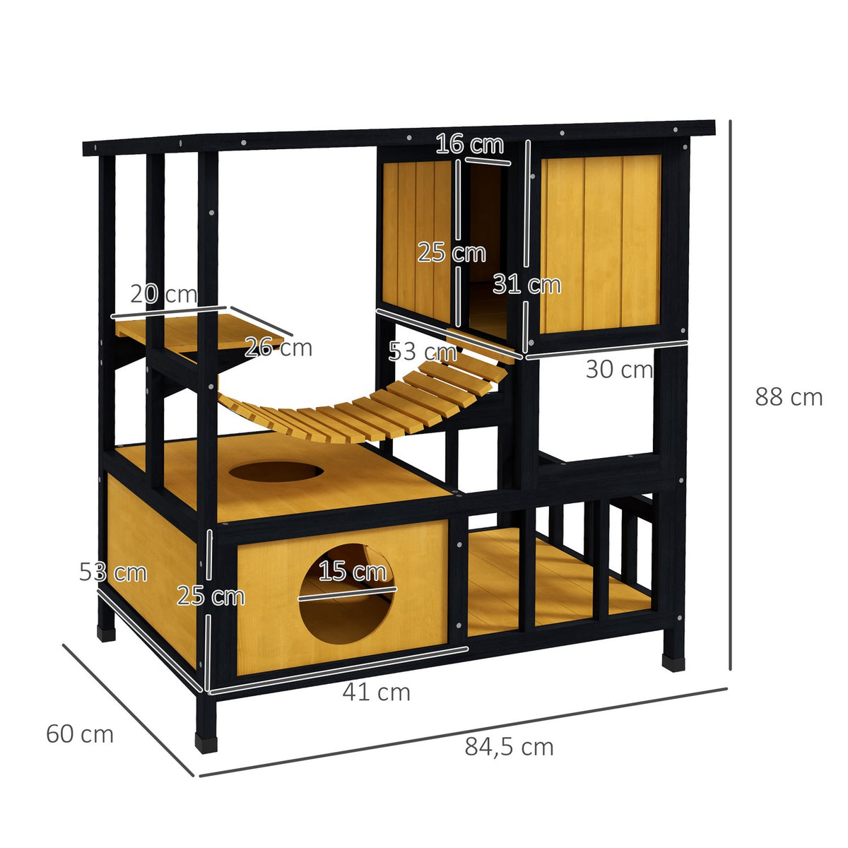 Cat House Wooden Cat Cave Cat Villa Outdoor Hanging Bridge Balcony Platform Waterproof For 1-2 Cats Up To 5Kg Yellow