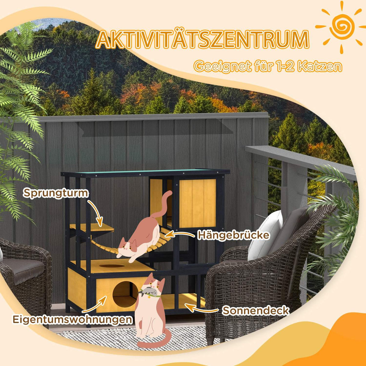 Cat House Wooden Cat Cave Cat Villa Outdoor Hanging Bridge Balcony Platform Waterproof For 1-2 Cats Up To 5Kg Yellow