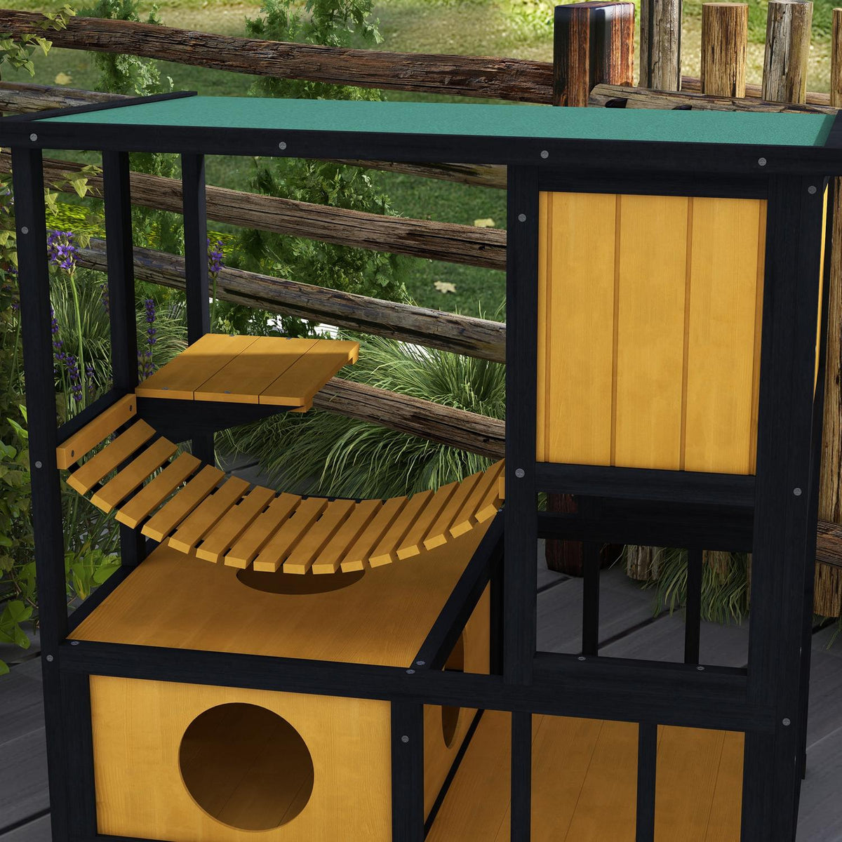 Cat House Wooden Cat Cave Cat Villa Outdoor Hanging Bridge Balcony Platform Waterproof For 1-2 Cats Up To 5Kg Yellow
