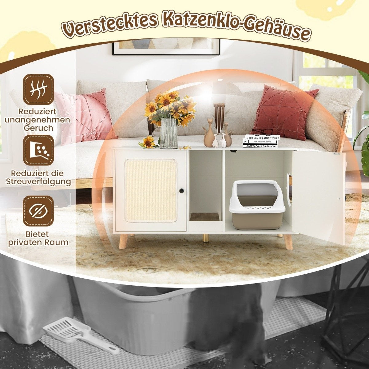 Cat Litter Box Cabinet with 2 Doors – White, 108x50x60 cm