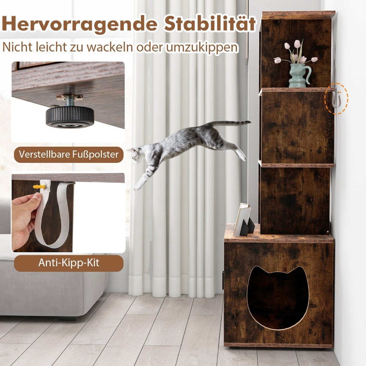 Cat Litter Box Cabinet with Bookshelf, 60x45.5x142 cm, Brown