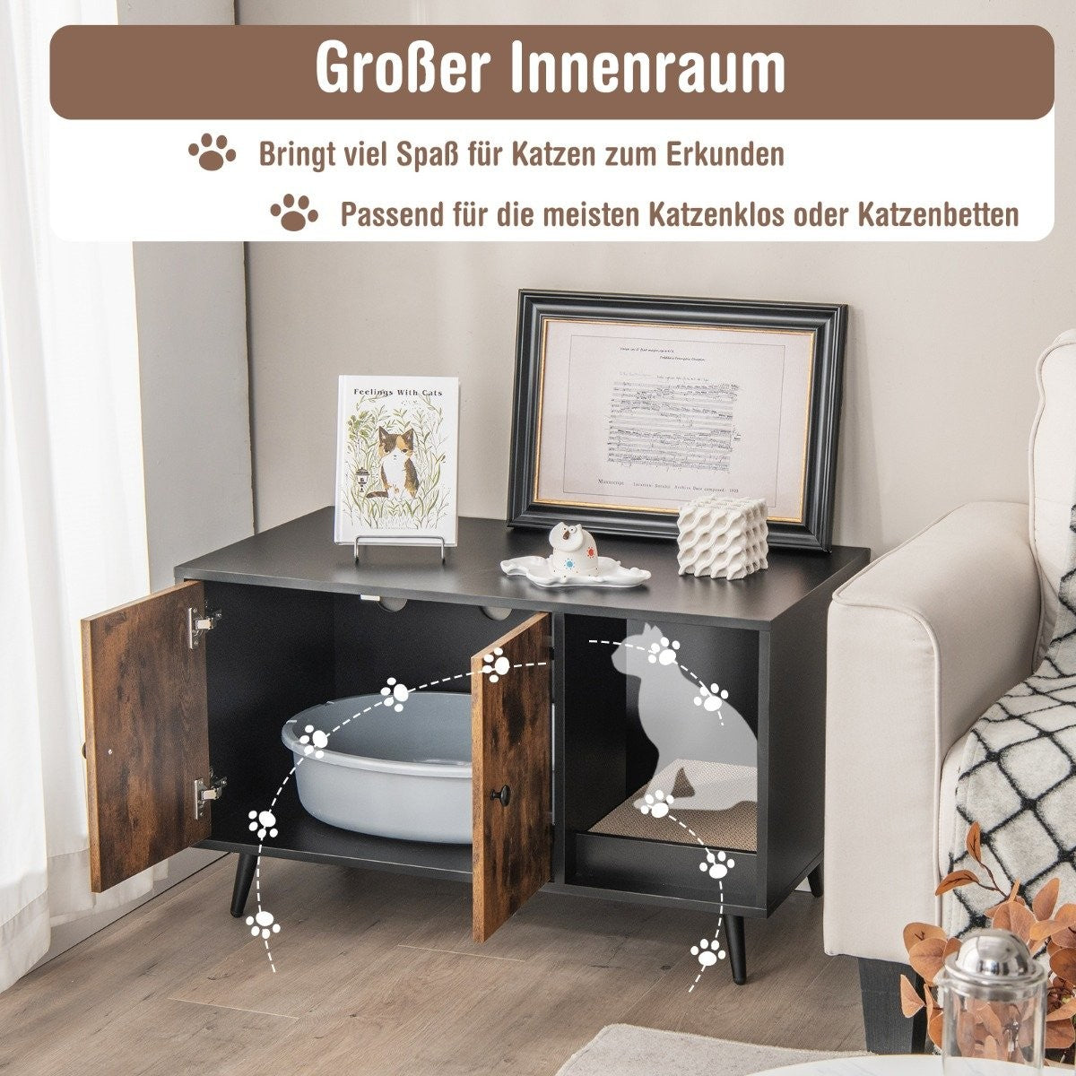 Cat Litter Box Cabinet with Double Doors, 90 x 50 x 54 cm