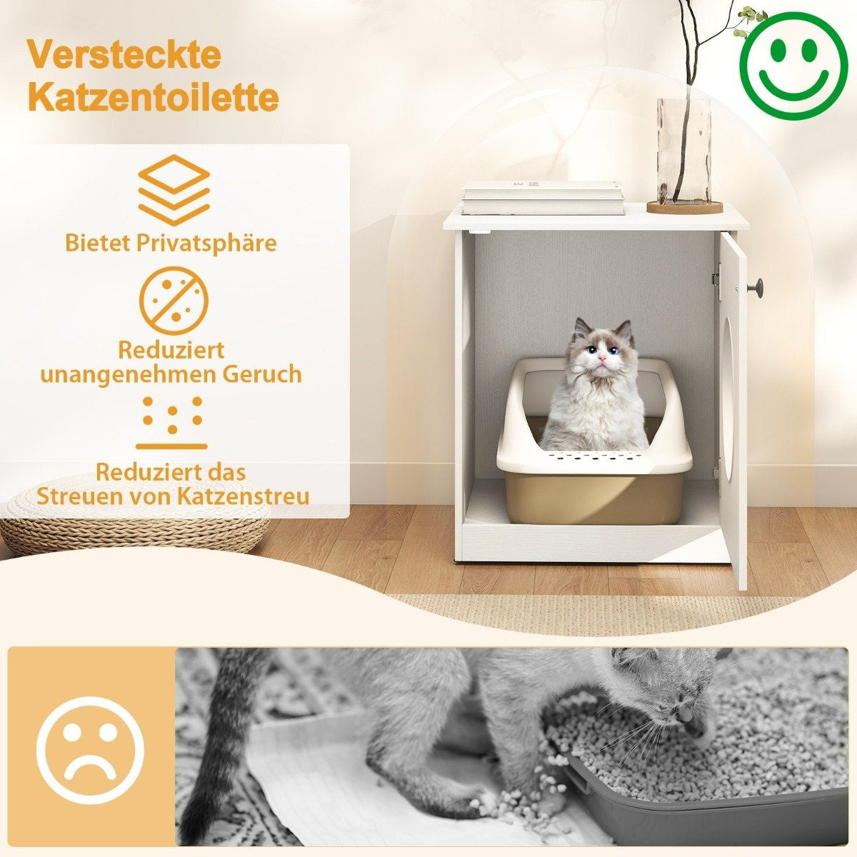Cat Litter Box Cabinet with Large Entry, White, 51x47x57 cm