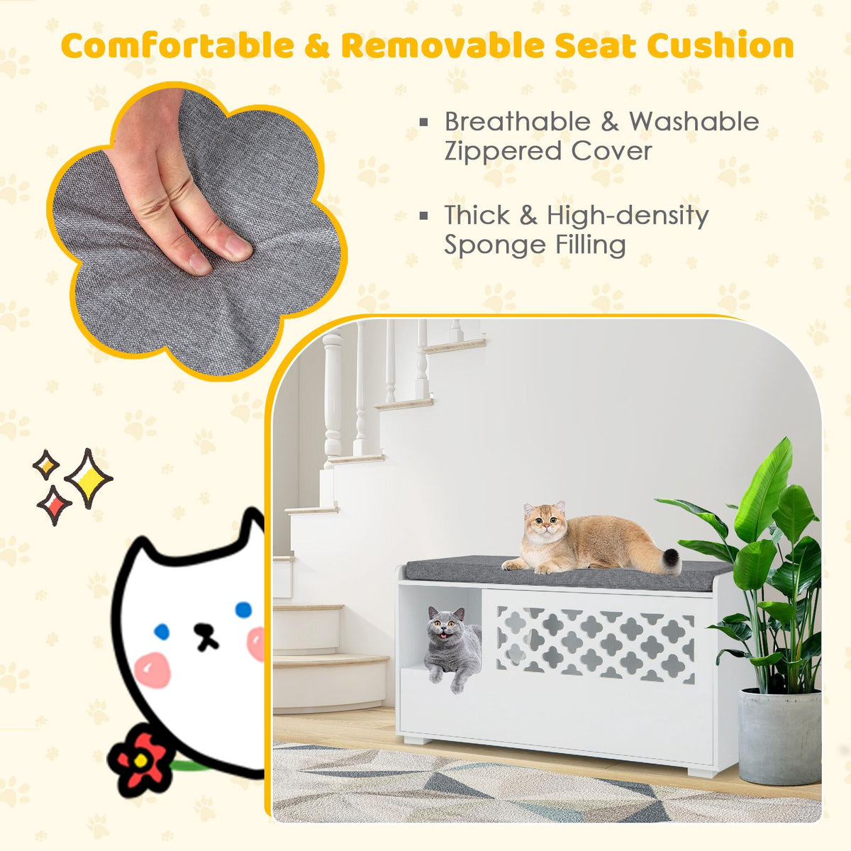 Cat Litter Box Enclosure Bench With Cushion, Front Door, White