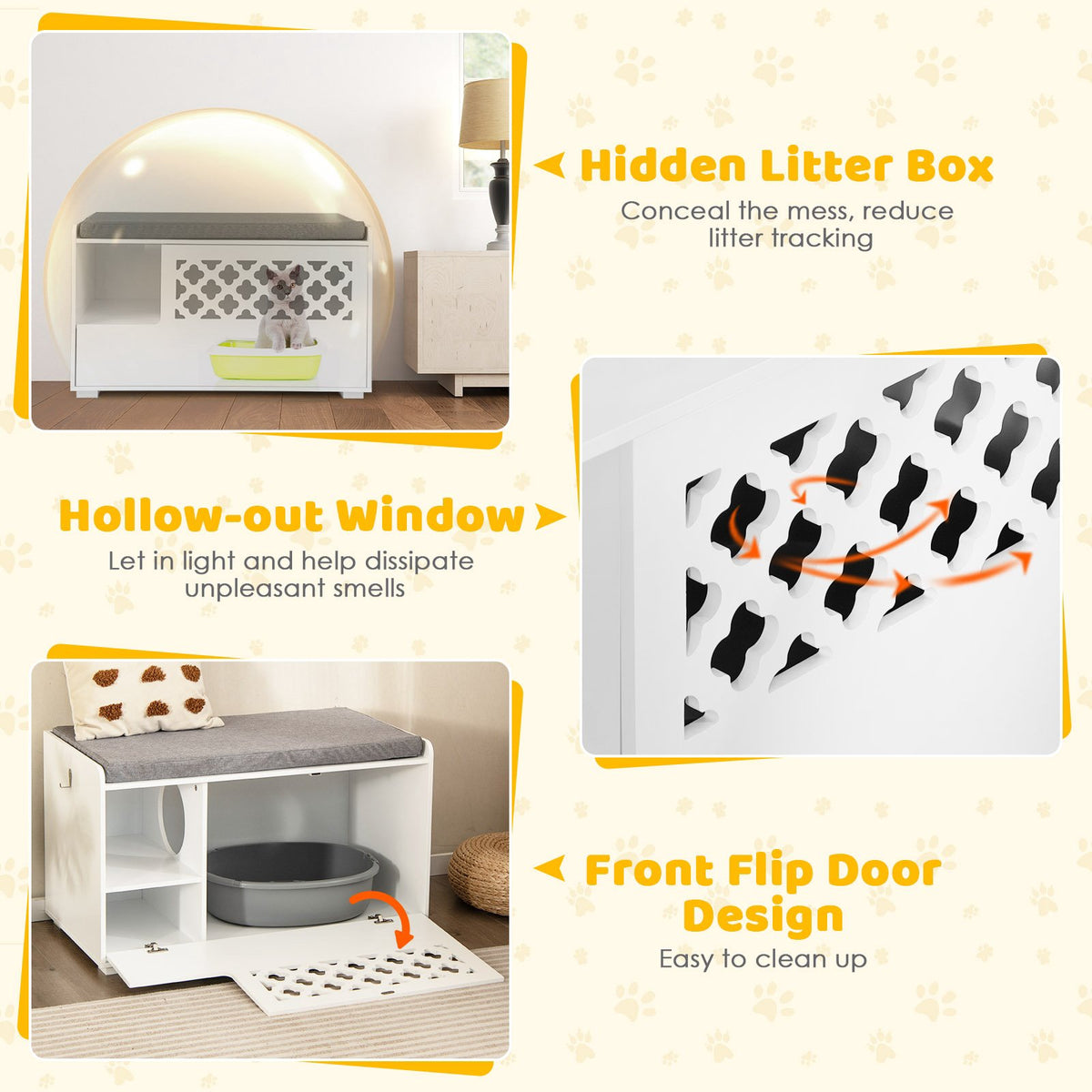 Cat Litter Box Enclosure Bench With Cushion, Front Door, White