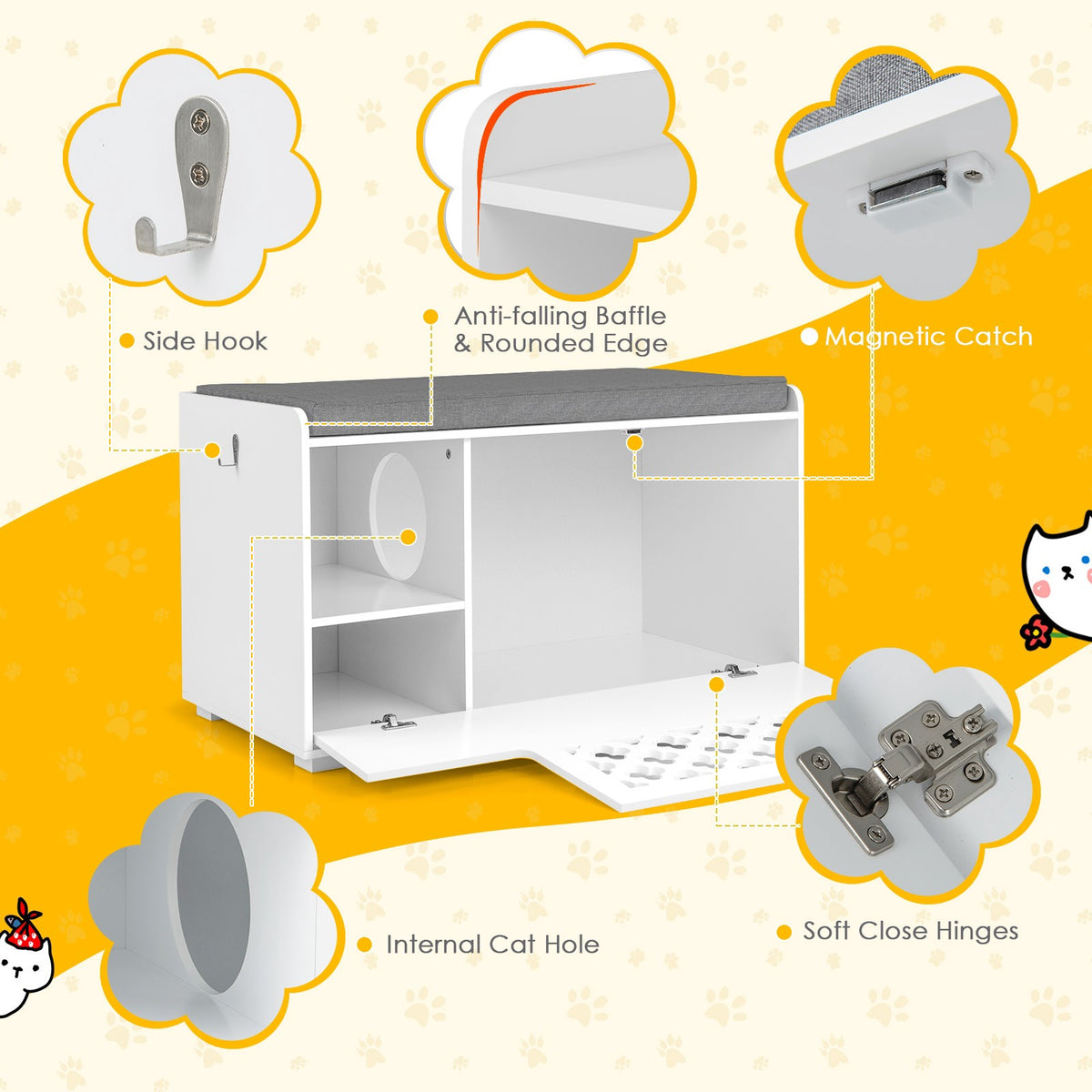 Cat Litter Box Enclosure Bench With Cushion, Front Door, White