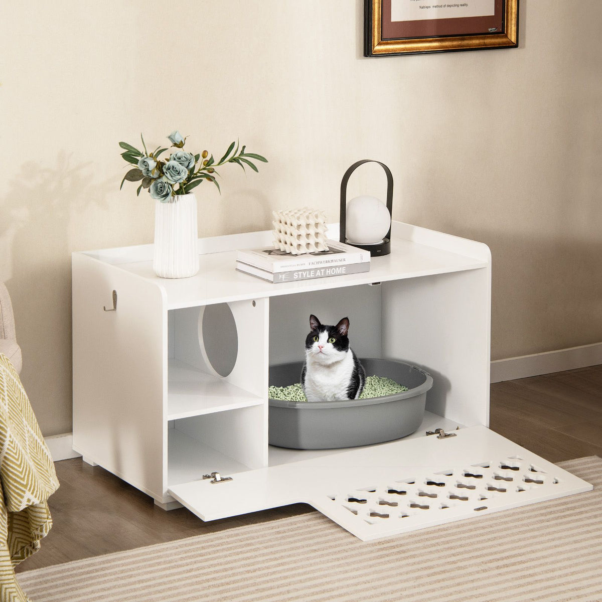 Cat Litter Box Enclosure Bench With Cushion, Front Door, White