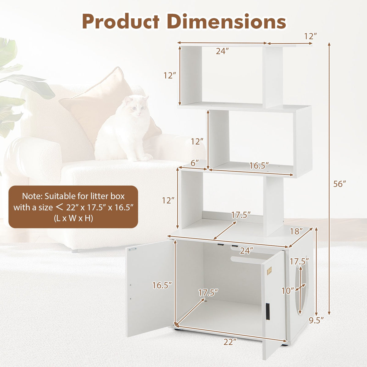Cat Litter Box Enclosure With 3 Open Shelves, White
