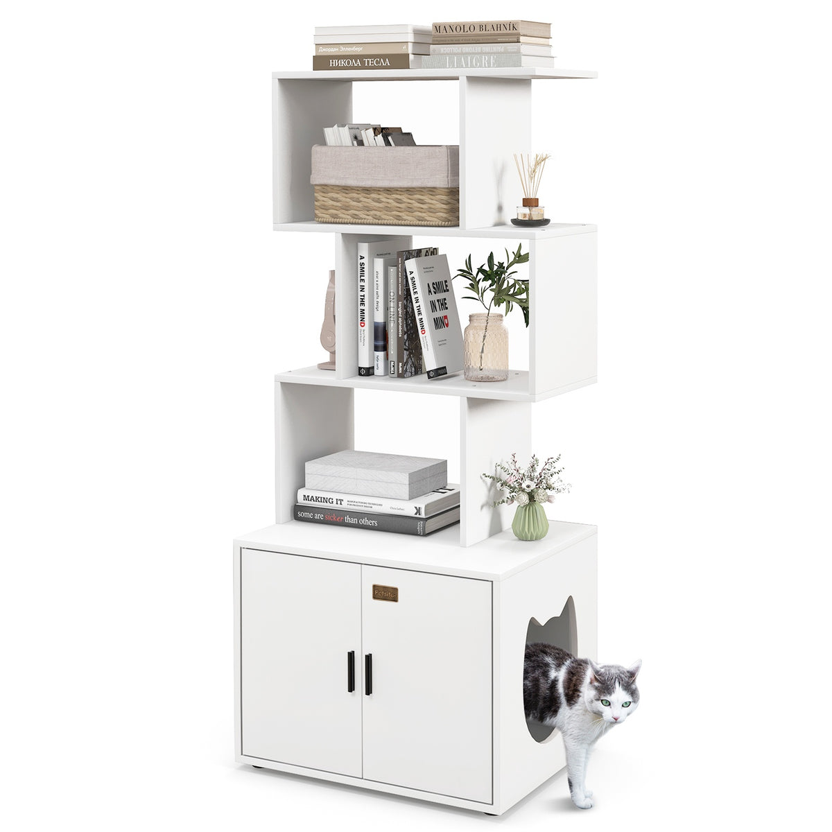 Cat Litter Box Enclosure With 3 Open Shelves, White