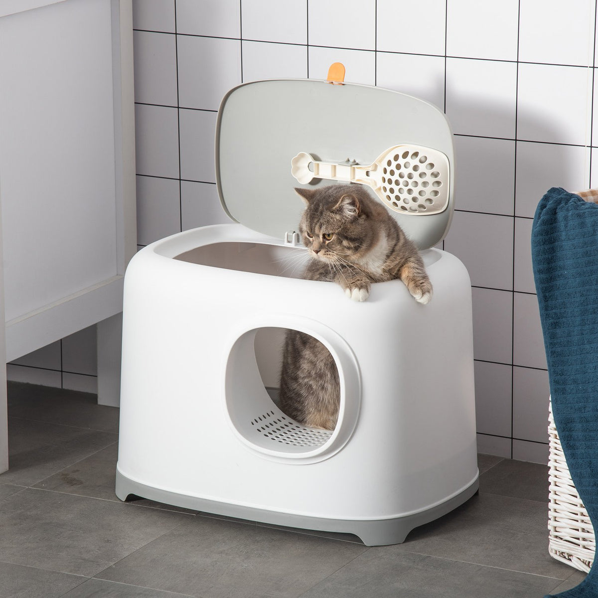 Cat Litter Box Hooded Toilet Mesh Base Plastic White 55X40X39Cm Up To 5Kg