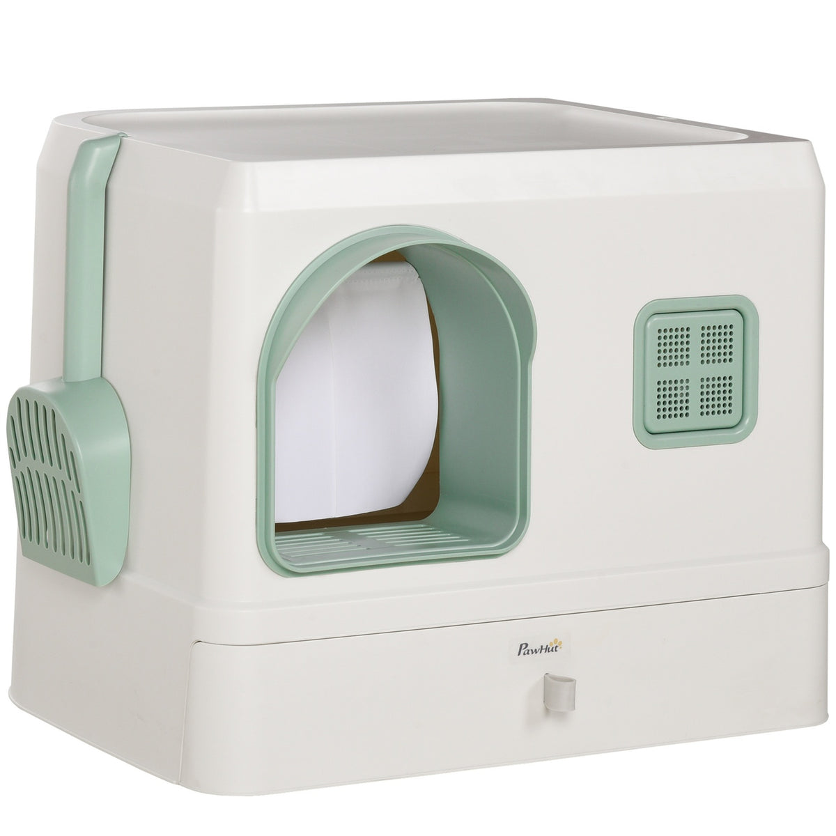 Cat Litter Box Hooded Toilet Shovel Drawer Deodorant White+Green 50X40X40Cm