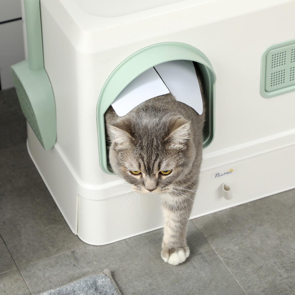 Cat Litter Box Hooded Toilet Shovel Drawer Deodorant White+Green 50X40X40Cm