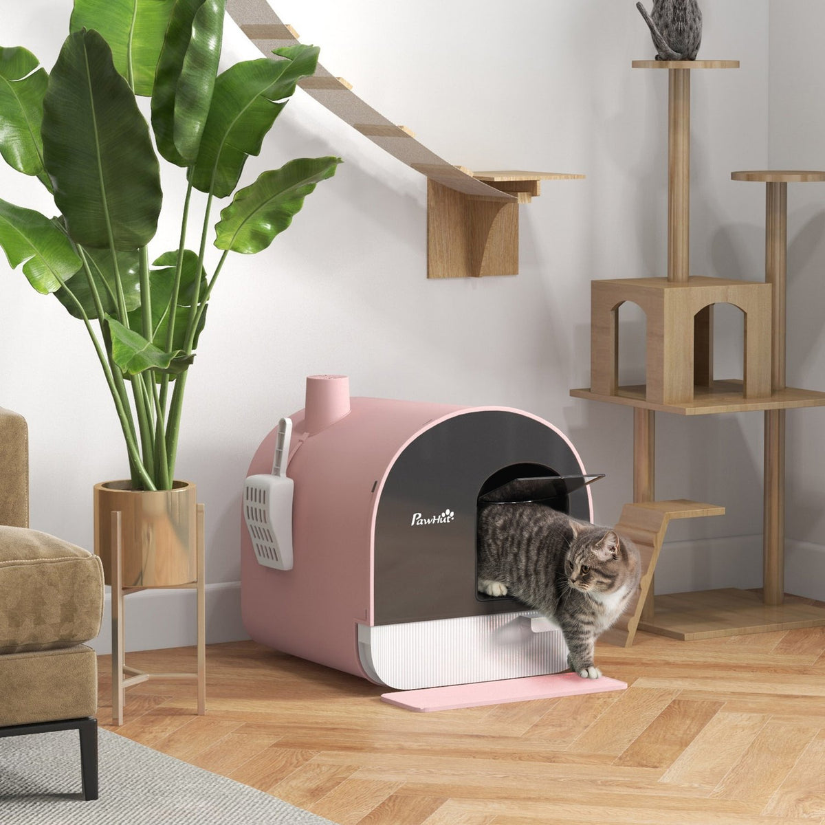 Cat Litter Box Lid Shovel Extendable Tray Cat Litter Mat Plastic Up To 5Kg Pink 43X44X47Cm