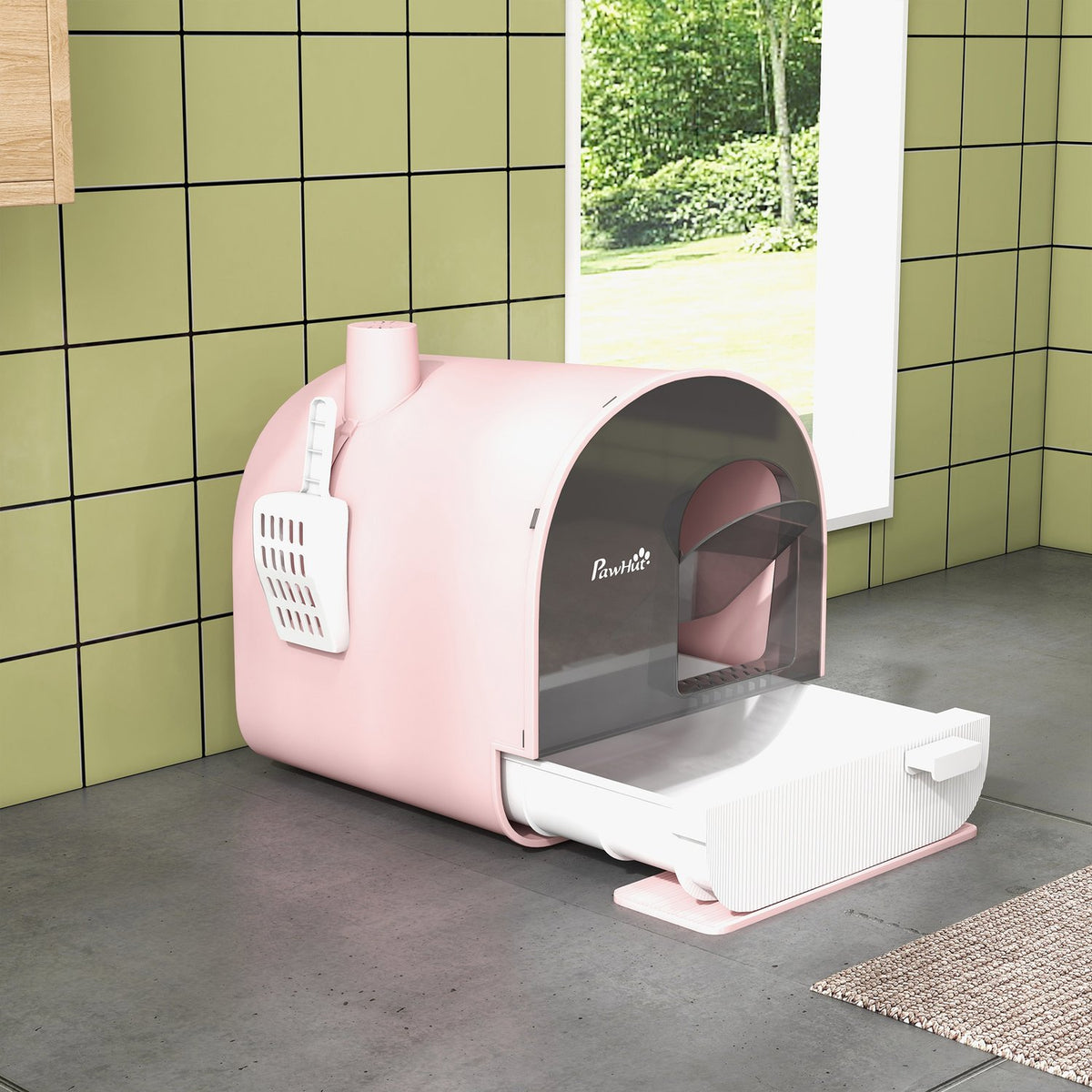 Cat Litter Box Lid Shovel Extendable Tray Cat Litter Mat Plastic Up To 5Kg Pink 43X44X47Cm