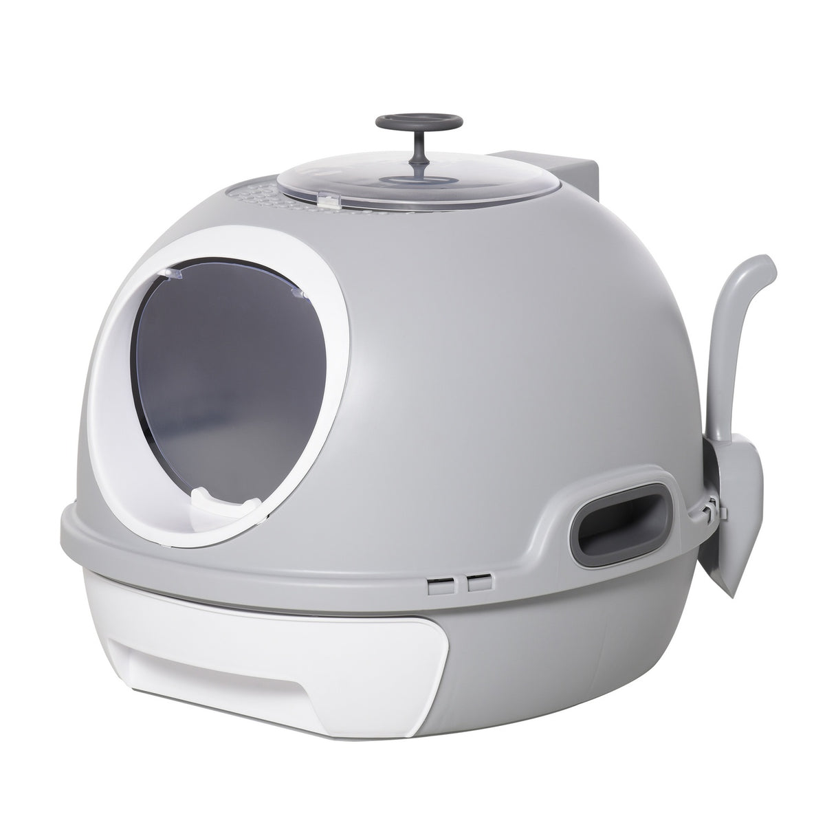 Cat Litter Box With Base Tray, Cat Litter Box With Roof Window, With Shovel, Portable, Pp Abs, Gray, 47 X 55 X 44 Cm