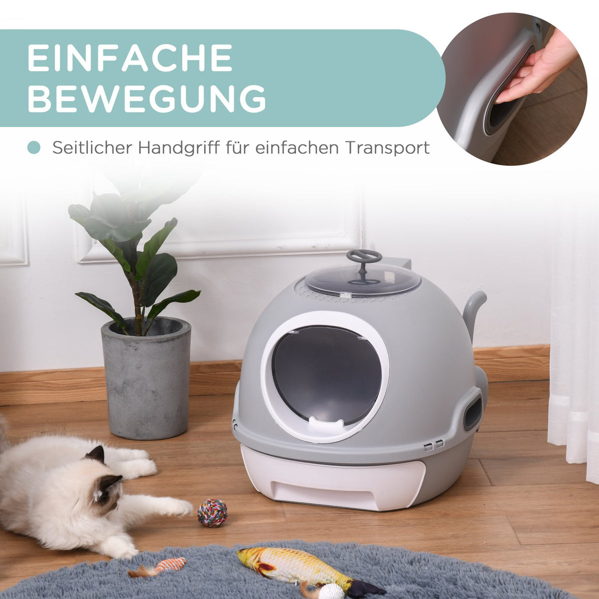 Cat Litter Box With Base Tray, Cat Litter Box With Roof Window, With Shovel, Portable, Pp Abs, Gray, 47 X 55 X 44 Cm