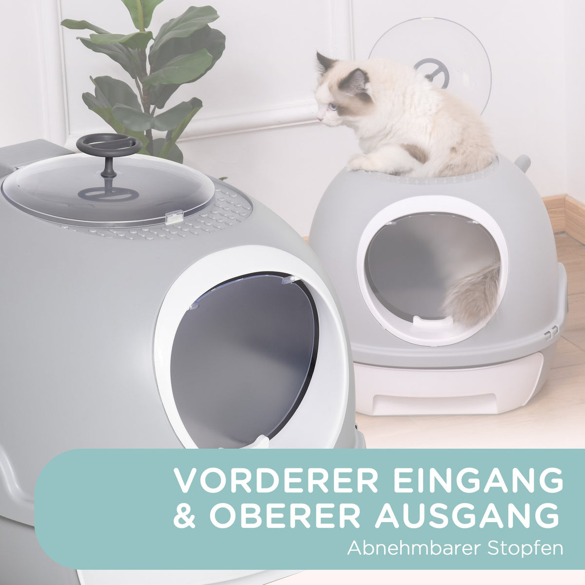 Cat Litter Box With Base Tray, Cat Litter Box With Roof Window, With Shovel, Portable, Pp Abs, Gray, 47 X 55 X 44 Cm