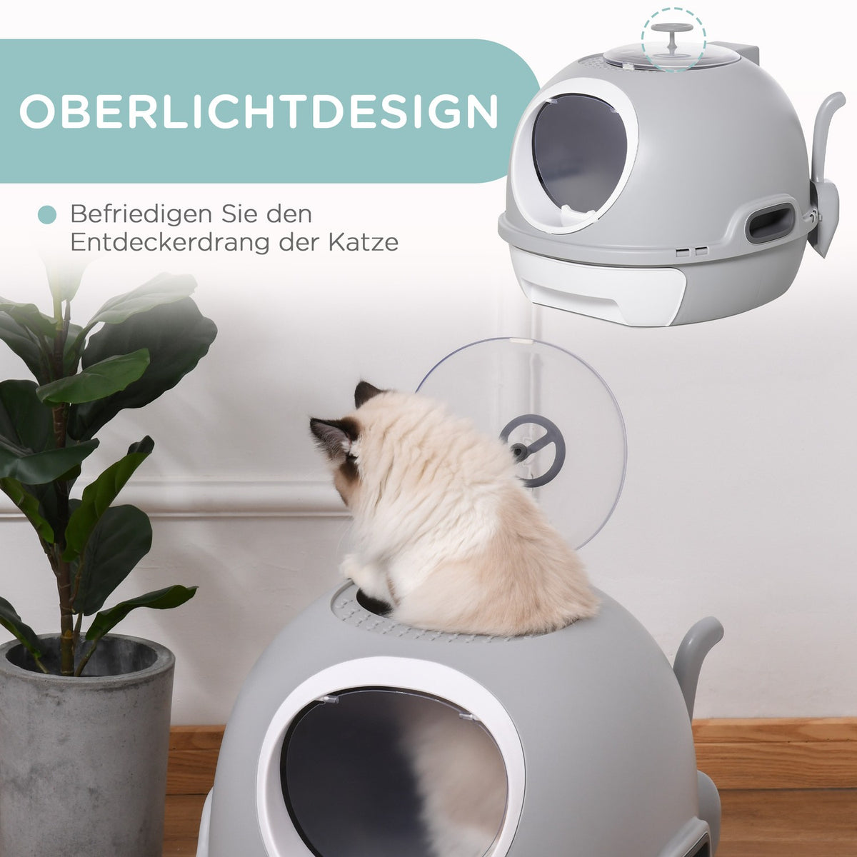 Cat Litter Box With Base Tray, Cat Litter Box With Roof Window, With Shovel, Portable, Pp Abs, Gray, 47 X 55 X 44 Cm