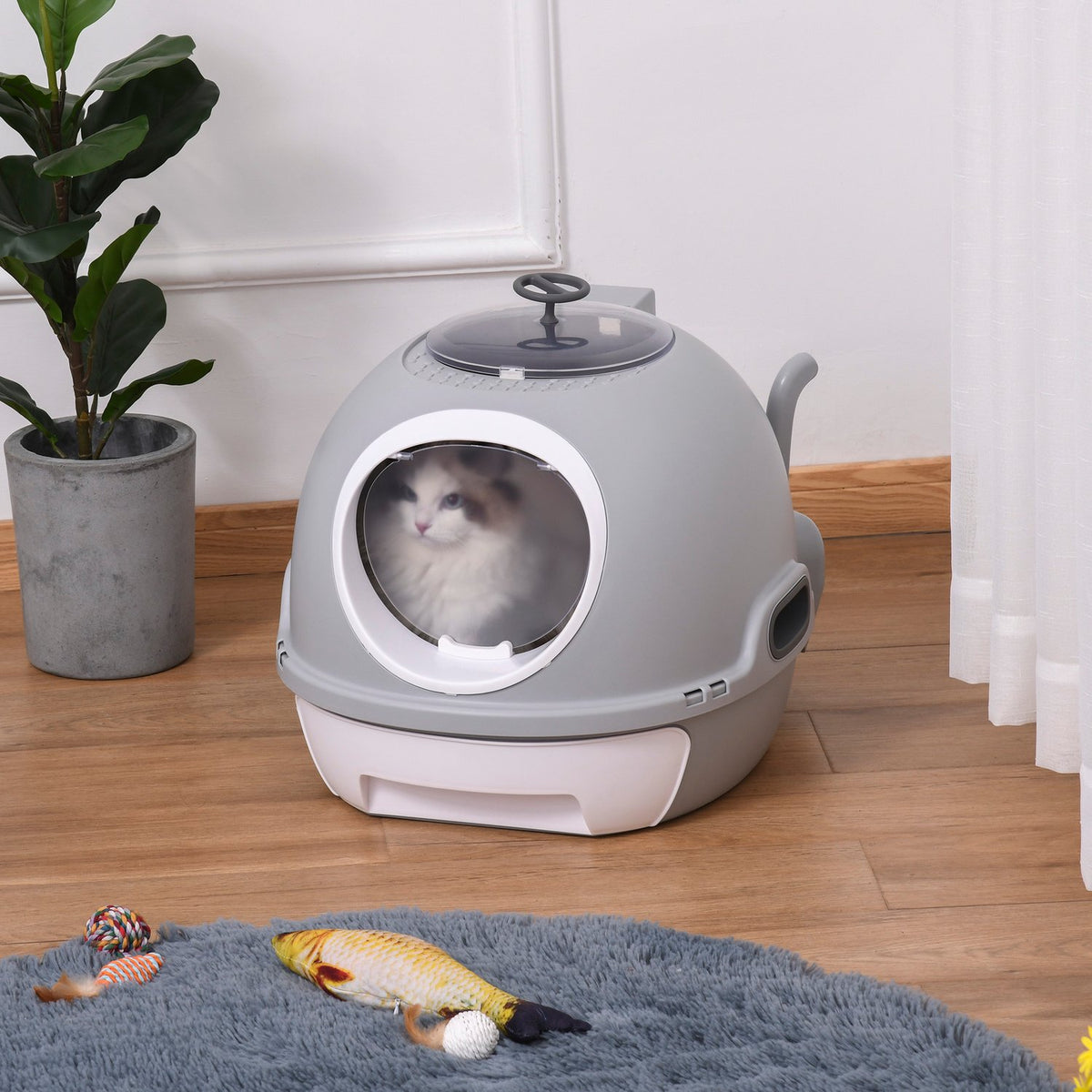 Cat Litter Box With Base Tray, Cat Litter Box With Roof Window, With Shovel, Portable, Pp Abs, Gray, 47 X 55 X 44 Cm