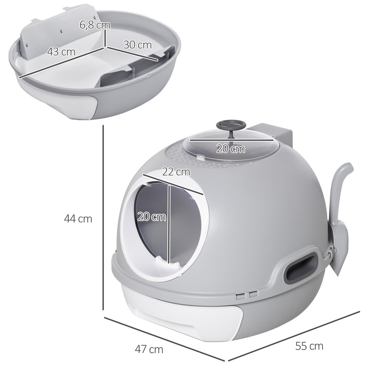 Cat Litter Box With Base Tray, Cat Litter Box With Roof Window, With Shovel, Portable, Pp Abs, Gray, 47 X 55 X 44 Cm