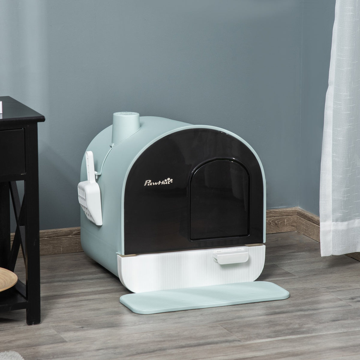 Cat Litter Box With Hood Toilet For Cats Up To 5 Kg, With Lid, Cat Litter Mat, Plastic, Green, 43X44X47Cm