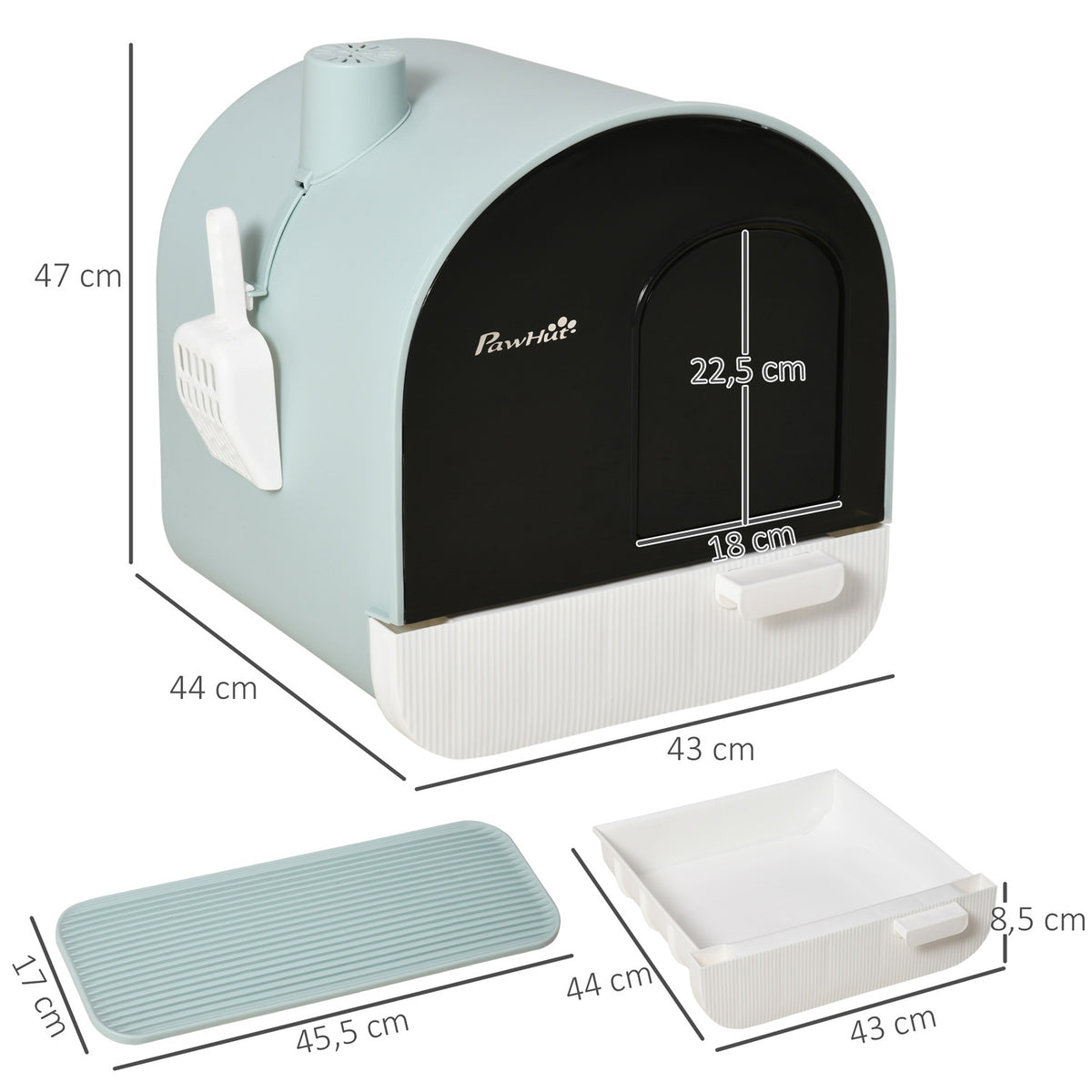Cat Litter Box With Hood Toilet For Cats Up To 5 Kg, With Lid, Cat Litter Mat, Plastic, Green, 43X44X47Cm