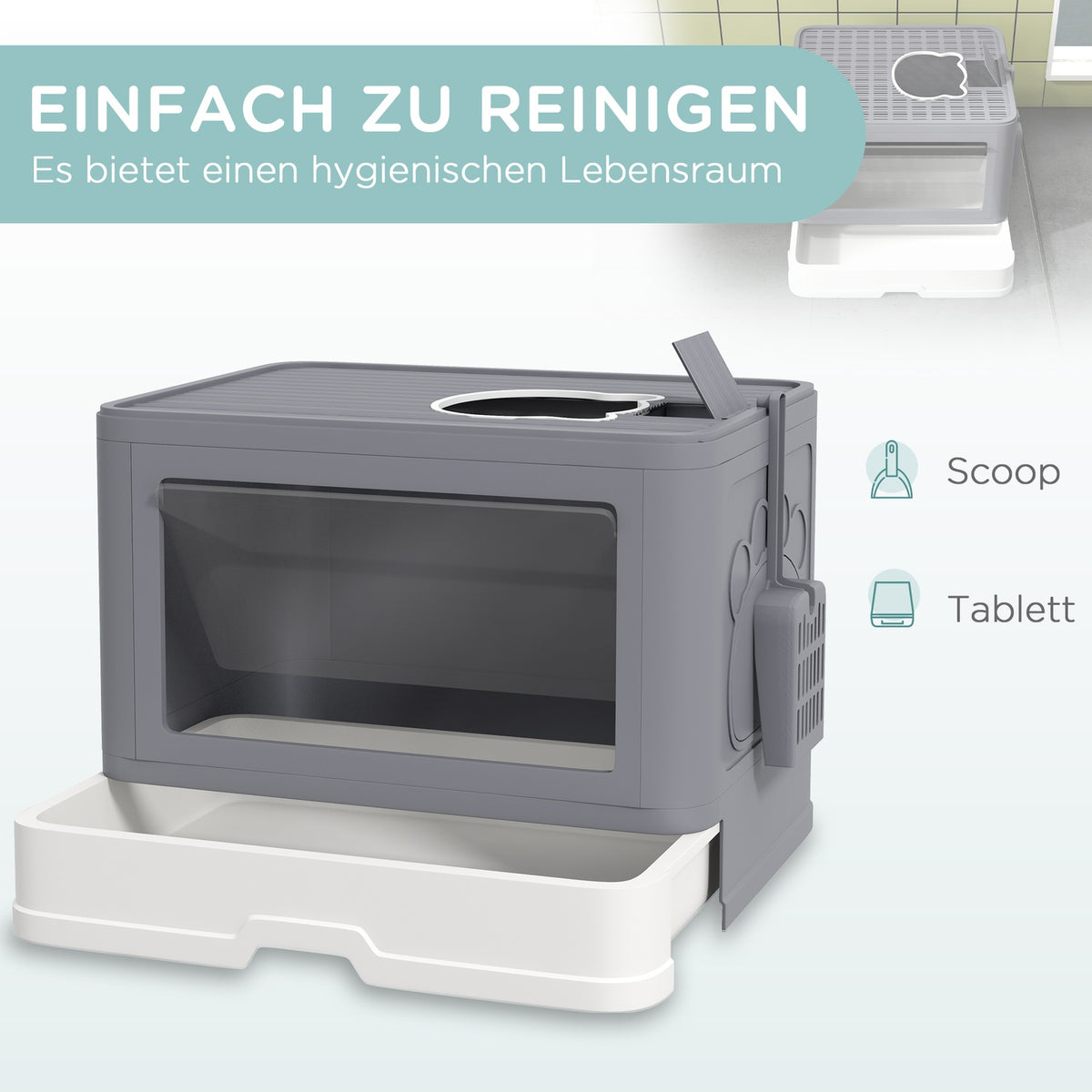 Cat Litter Box With Lid And Scoop For Up To 4 Kg, Indoor, Plastic, Gray, 48.5X38X36.5 Cm