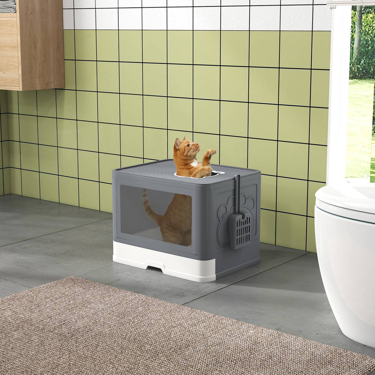 Cat Litter Box With Lid And Scoop For Up To 4 Kg, Indoor, Plastic, Gray, 48.5X38X36.5 Cm