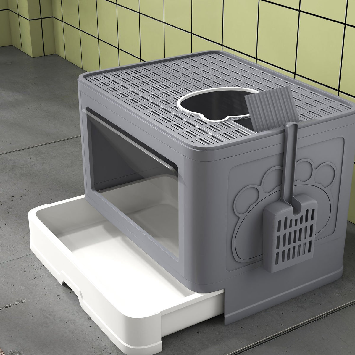 Cat Litter Box With Lid And Scoop For Up To 4 Kg, Indoor, Plastic, Gray, 48.5X38X36.5 Cm