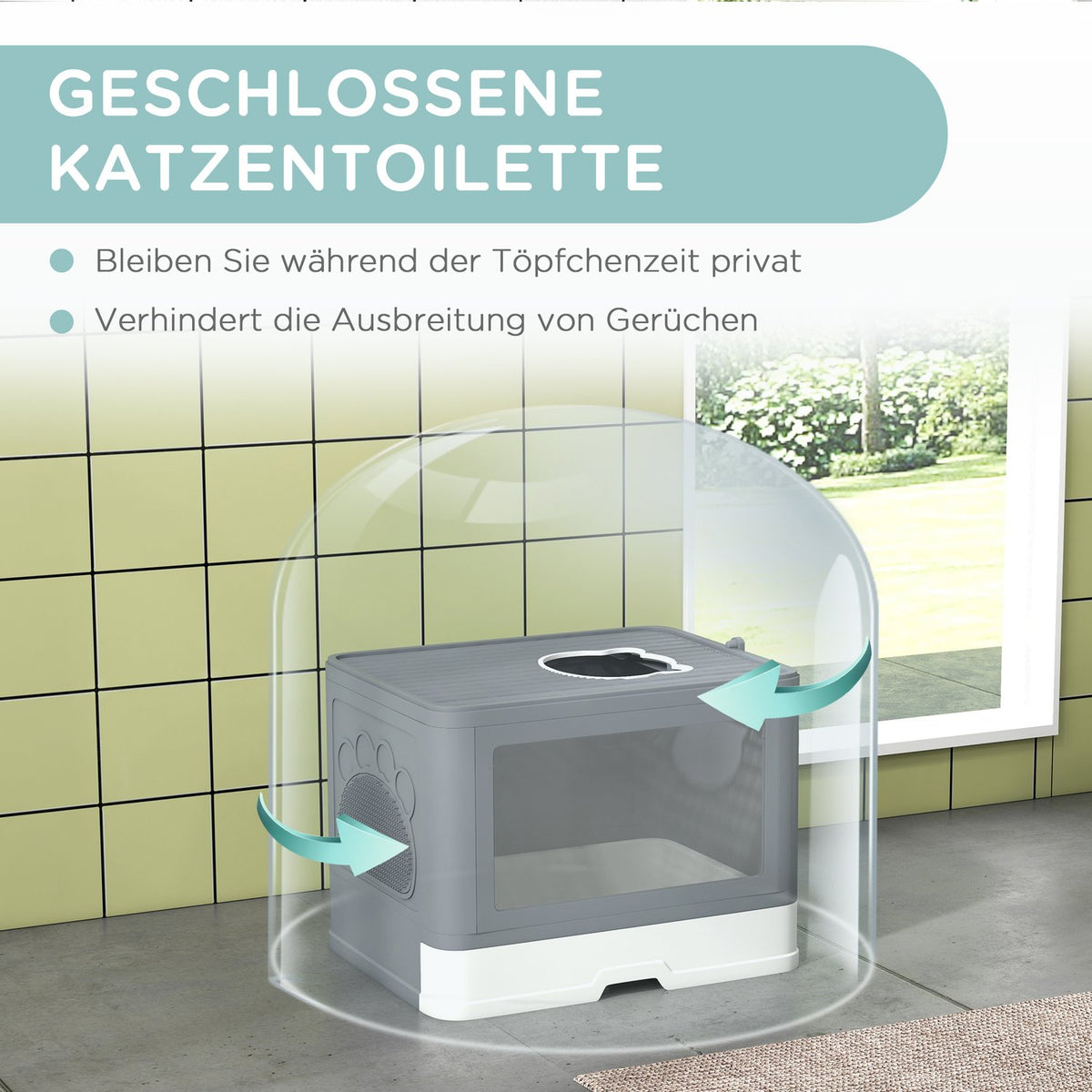 Cat Litter Box With Lid And Scoop For Up To 4 Kg, Indoor, Plastic, Gray, 48.5X38X36.5 Cm