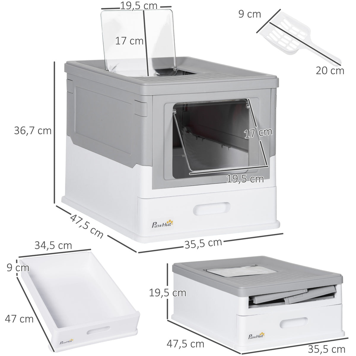 Cat Litter Box With Lid Cat House With Base Tray And Scoop Deodorization Box Plastic White + Gray 47.5 X 35.5 X 36.7 Cm