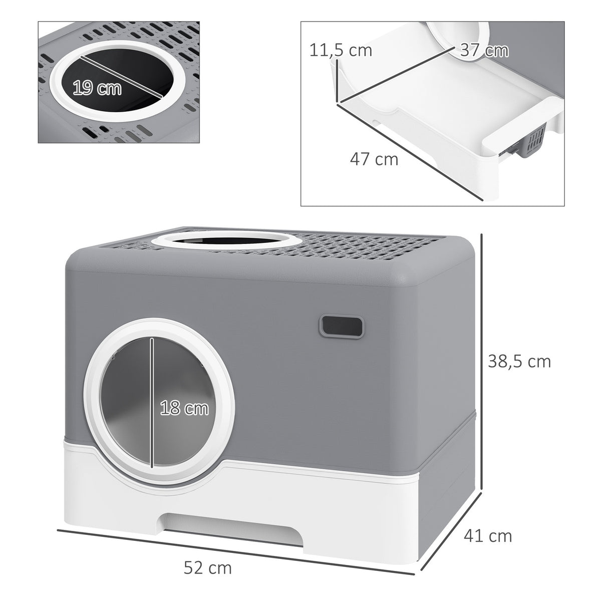 Cat Litter Box With Lid, Cat Litter Box With Scoop, 2 Exits, Toilet For Cats Up To 4 Kg, Plastic, Grey, 52 X 41 X 38.5 Cm