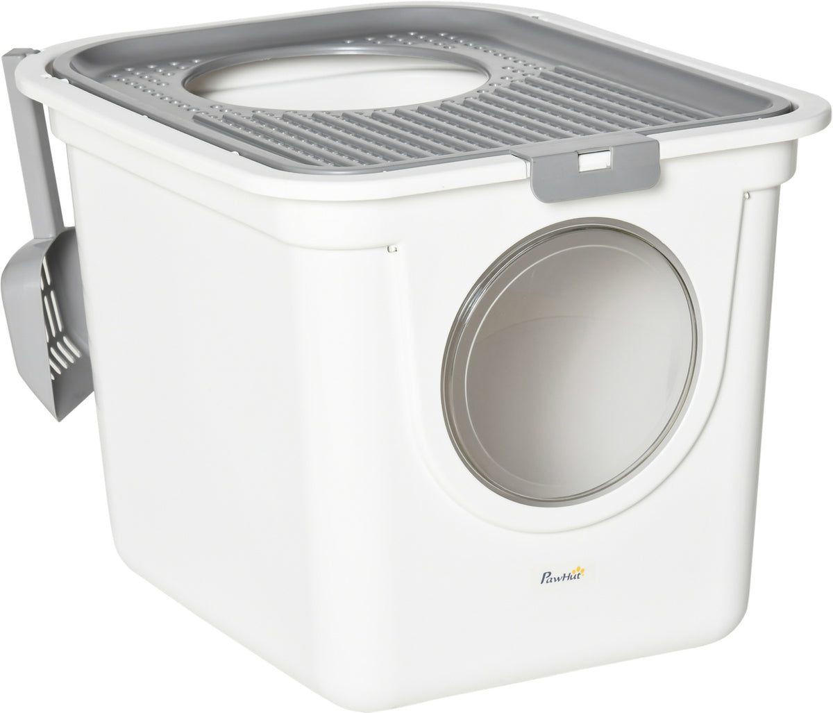 Cat Litter Box With Lid, Litter Box With Scoop, Up To 5 Kg, Indoor, Plastic, Grey+White, 44X55X39Cm